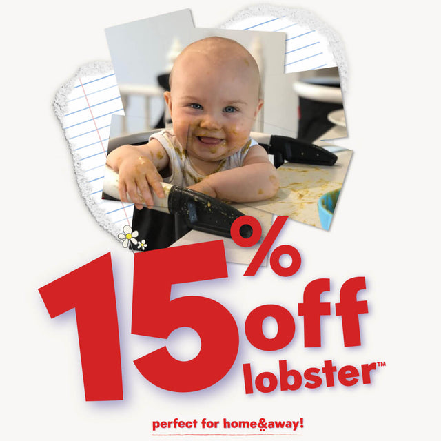 baby sits in lobster highchair attached to kitchen bench - get 15% off lobster™ portable highchair