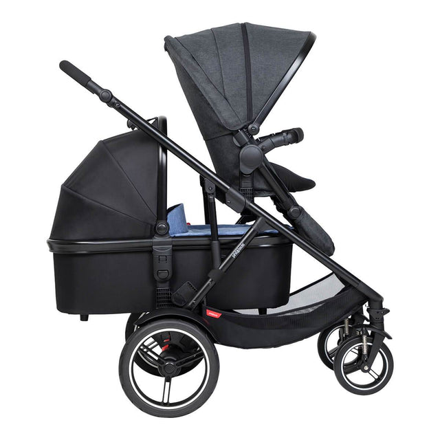 phil&teds voyager inline buggy with lie flat snug carrycot in rear and main seat front looking