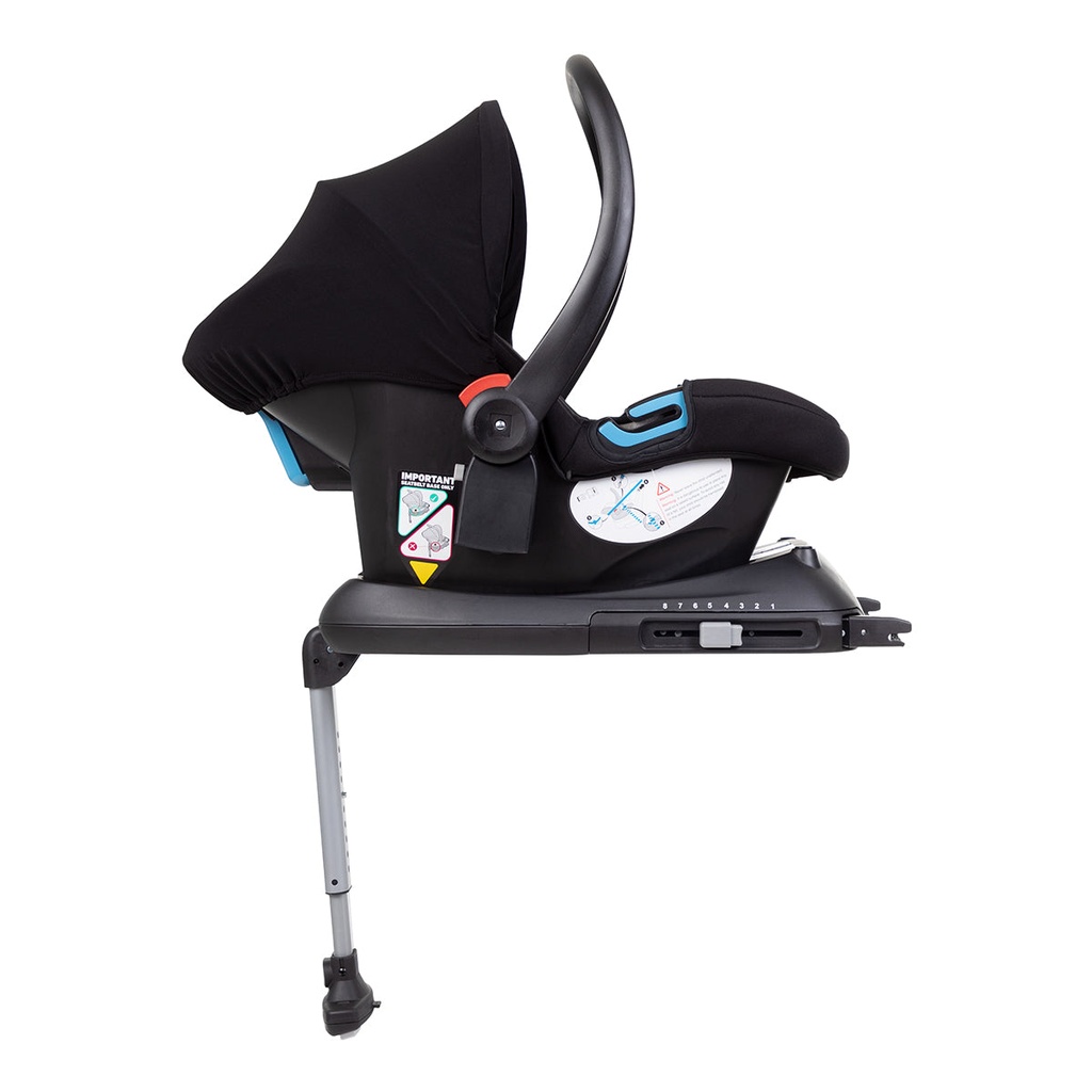 alpha infant car seat shown attached to the optional ISOfix car seat base for ultimate in click and go convenience
